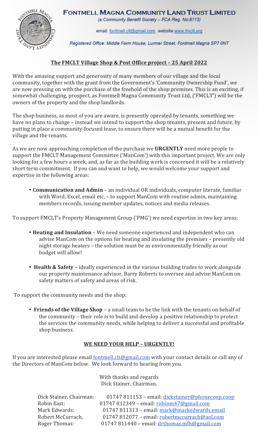 The FMCLT Village Shop & Post Office project – 25 April 2022