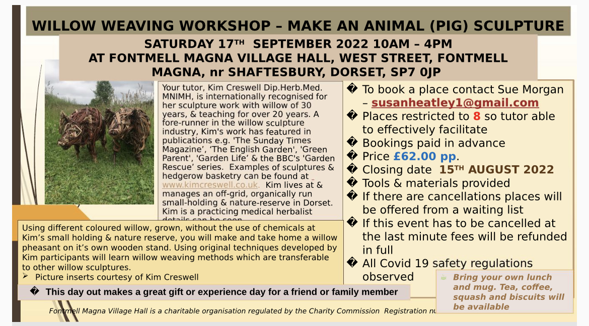 Willow Weaving Workshop, Sept 17th, FM Village Hall