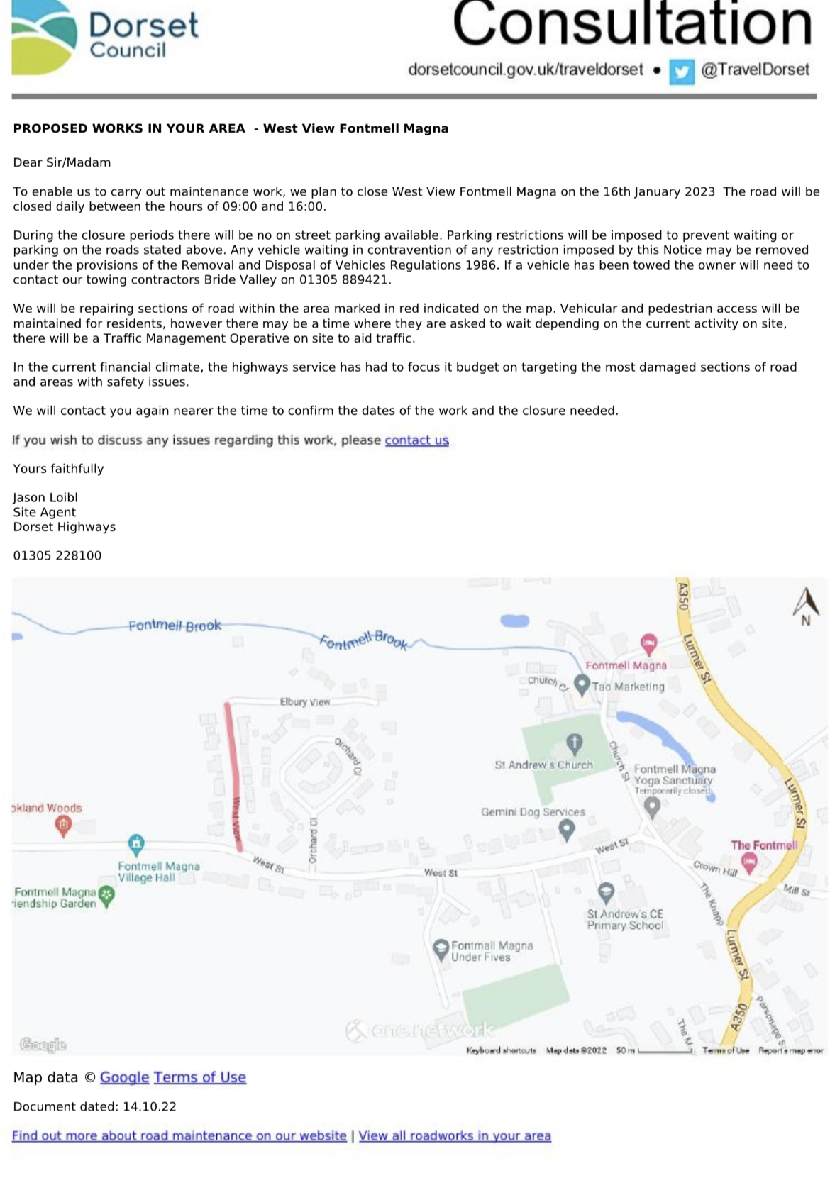 Temporary Traffic Regulation Order for West View, Fontmell Magna