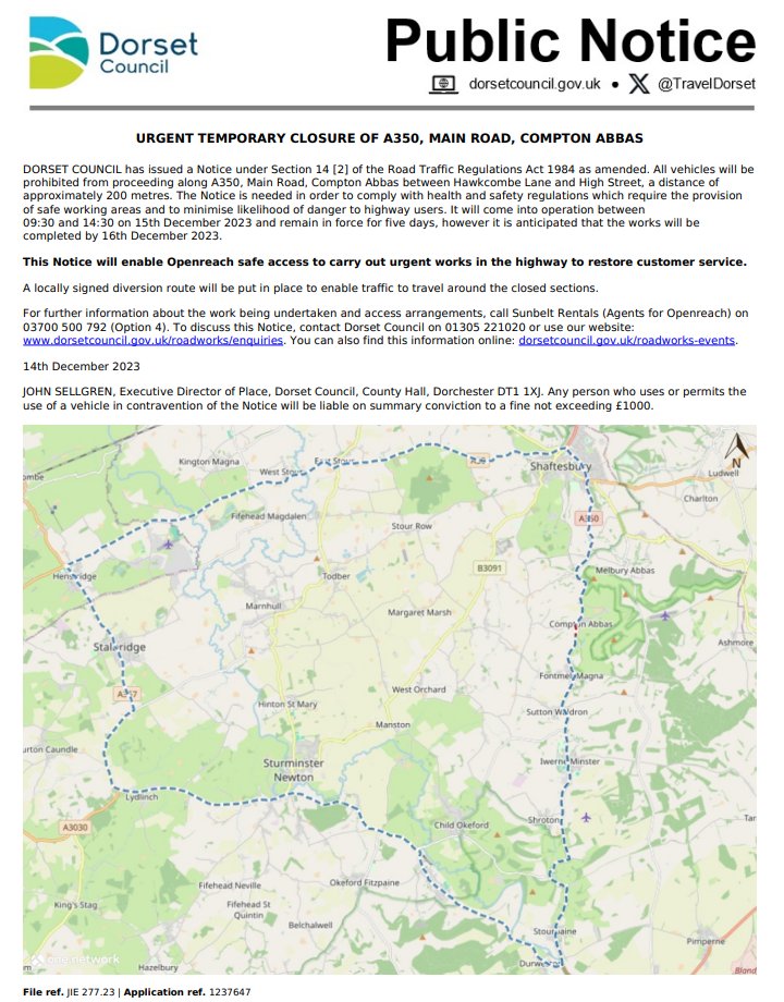 Temporary emergency closure of the A350 Compton Abbas