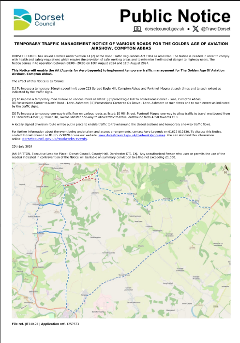 PROPOSED TEMPORARY TRAFFIC MANAGEMENT NOTICE OF VARIOUS ROADS FOR THE GOLDEN AGE OF AVIATION AIRSHOW, COMPTON ABBAS