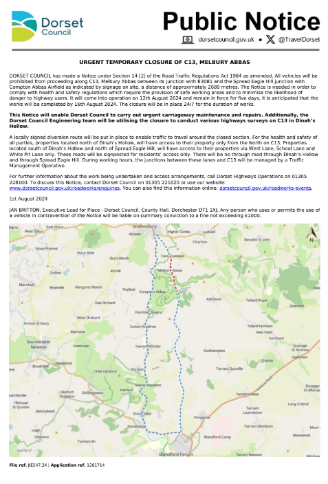 URGENT TEMPORARY CLOSURE OF C13, MELBURY ABBAS