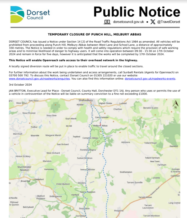 TEMPORARY CLOSURE OF PUNCH HILL, MELBURY ABBAS