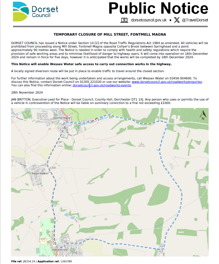 TEMPORARY CLOSURE OF MILL STREET, FONTMELL MAGNA
