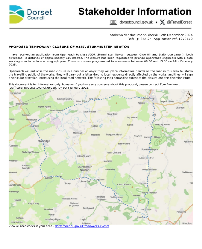 PROPOSED TEMPORARY CLOSURE OF A357, STURMINSTER NEWTON