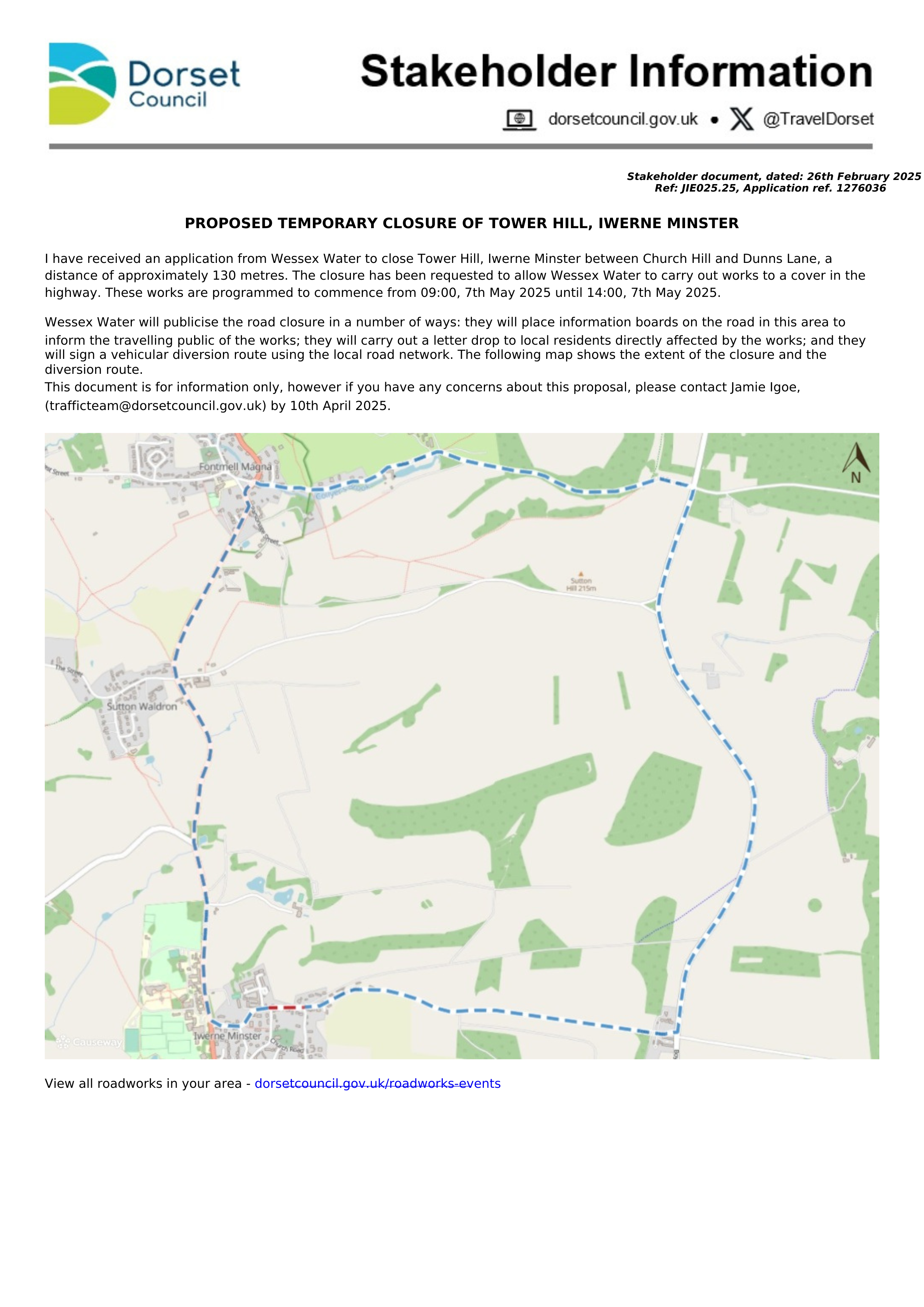 PROPOSED TEMPORARY CLOSURE OF TOWER HILL, IWERNE MINSTER
