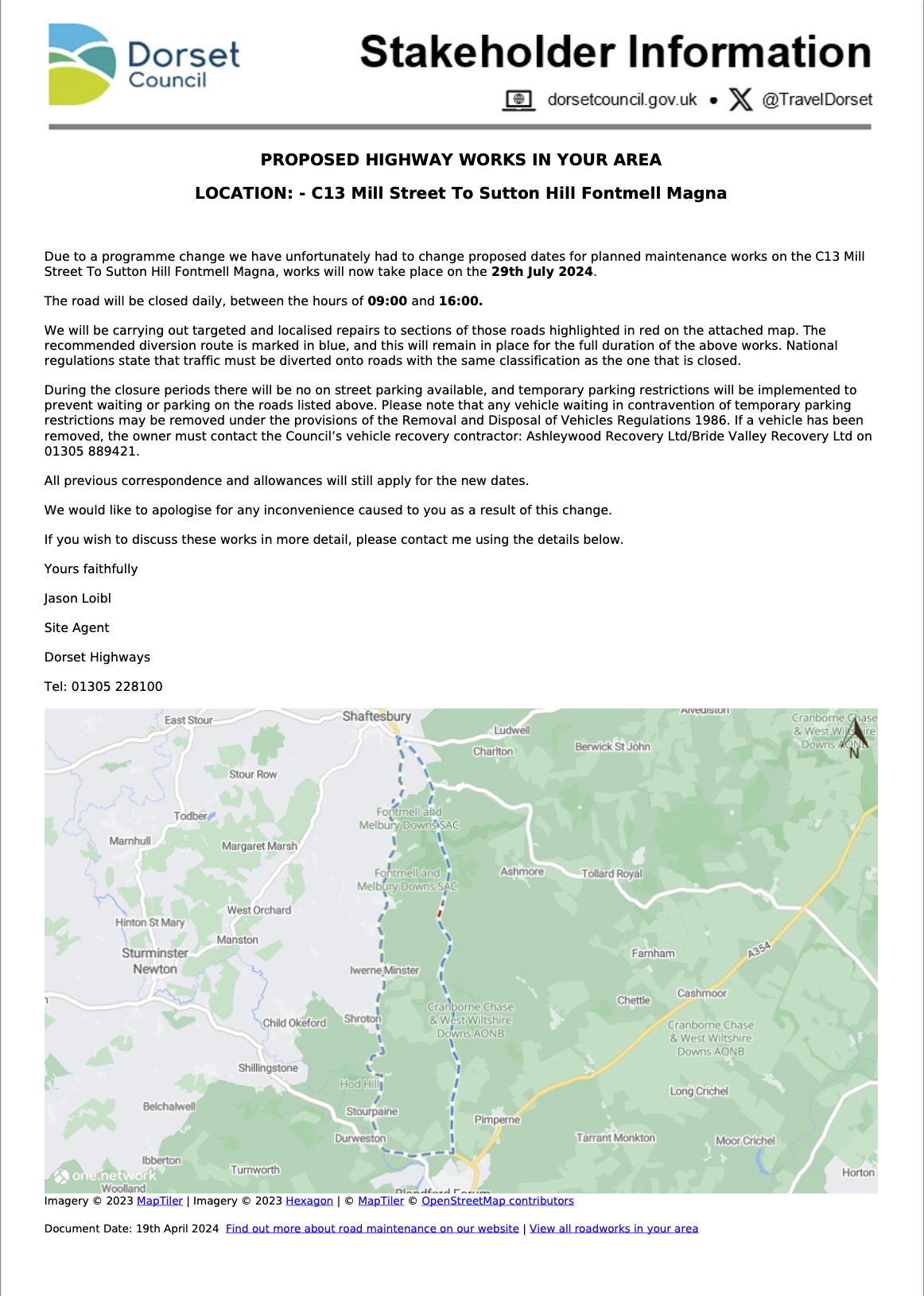 PROPOSED HIGHWAY WORKS IN YOUR AREA LOCATION: - C13 Mill Street To Sutton Hill Fontmell Magna